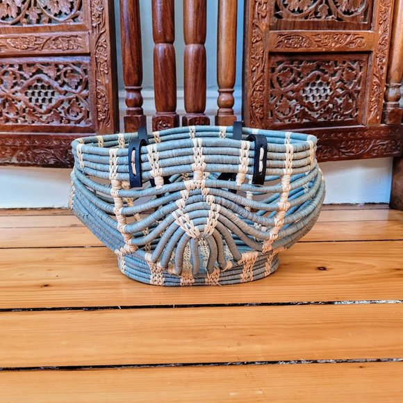 Sans-Arcidet Collection Designer Turquoise and Tan Raffia Woven Basket Bag - Picture 1 of 16